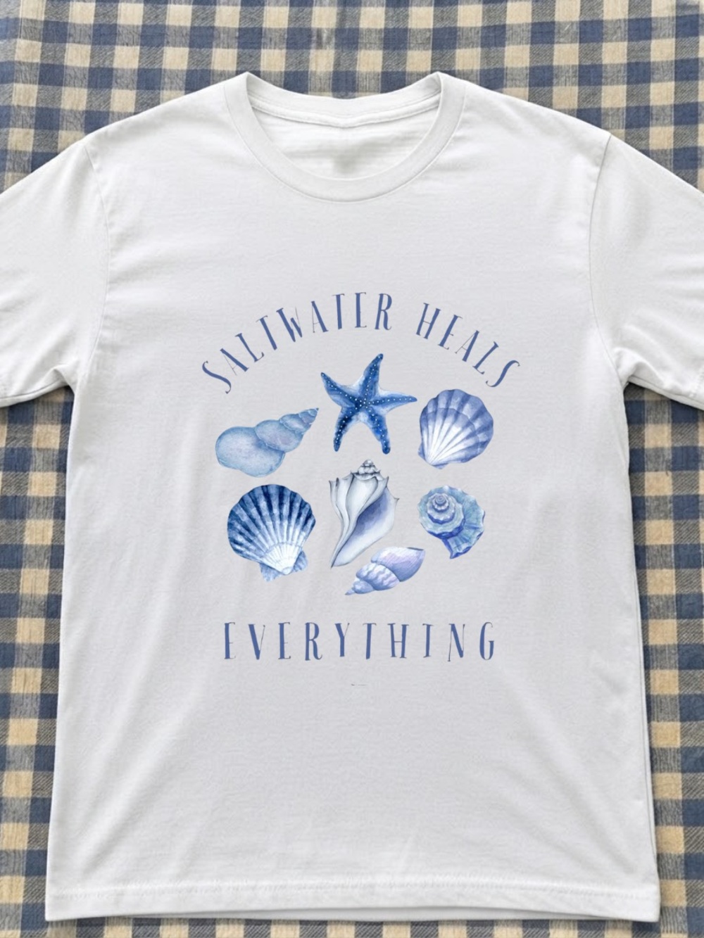 Gildan White Tee with Blue Seashell Graphic